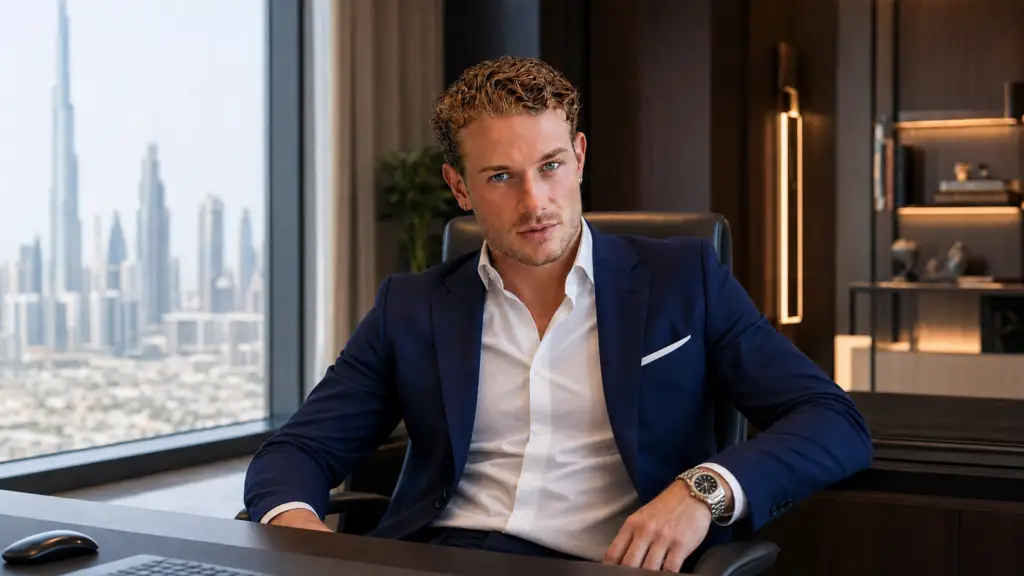 Giorgio Torelli: “The War Is Changing Investors’ Priorities.” The Strategy Behind Visionary Asset Capital, Luminova Real Estate and Holiday Homes 3 Giorgio Torelli seduto in un elegante ufficio moderno con lo skyline di Dubai sullo sfondo