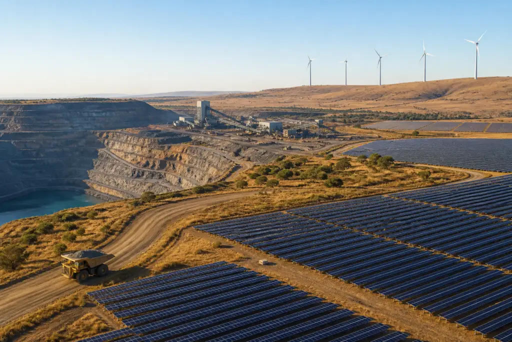 South Africa’s Energy Revolution Starts in Its Mines as Solar and Wind Reduce Reliance on Eskom 1 Solar panels and wind turbines supplying renewable energy beside a large South African mine