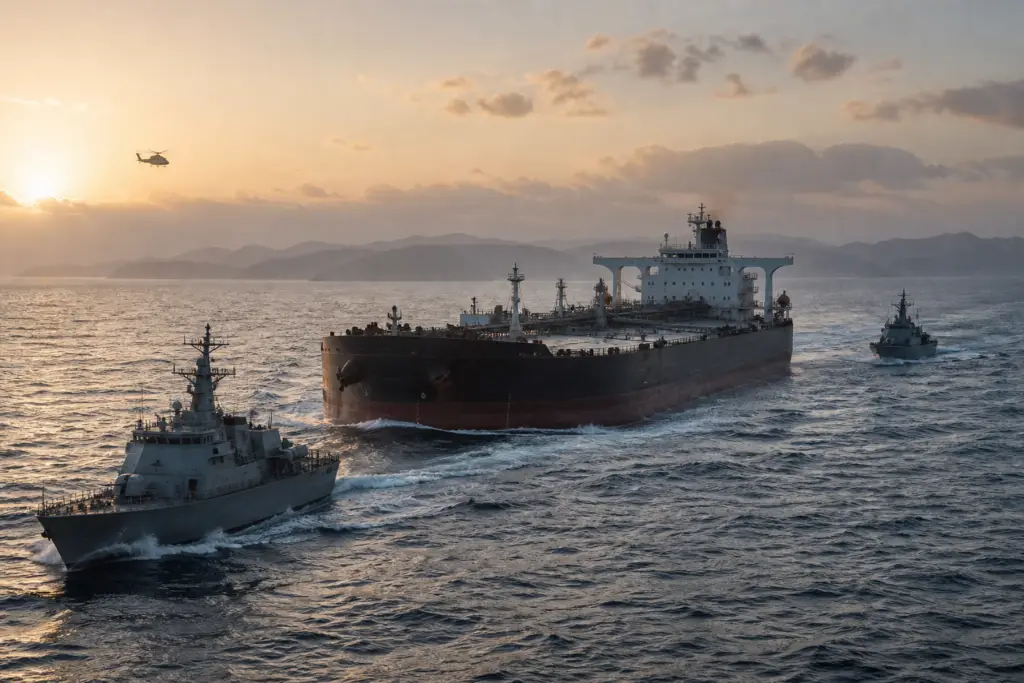 US-Iran War Enters Its Most Dangerous Phase as the World Watches the Strait of Hormuz 1 Oil tanker escorted by naval vessels in the Strait of Hormuz during the US-Iran crisis
